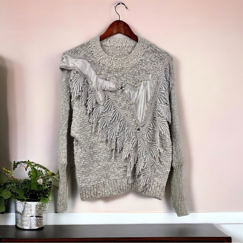 Vintage Ice Grey Embellished Front Sweater Size L